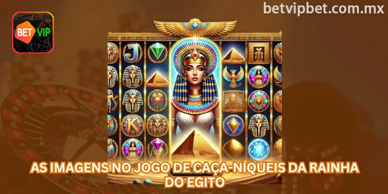 Os símbolos de Rainha do Egito incluem ícones comuns e recursos especiais, como Wild, Bonus, Jackpot e giros grátis.